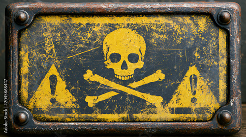 Distressed Yellow Sign with Skull and Crossbones Warning Symbol