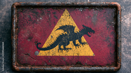 Dragon emblem on weathered metal plaque with grunge texture