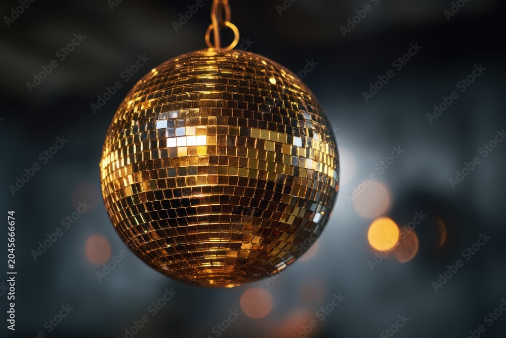 Obraz premium Gleaming gold disco ball suspended in moody ambient lighting with sparkling facets