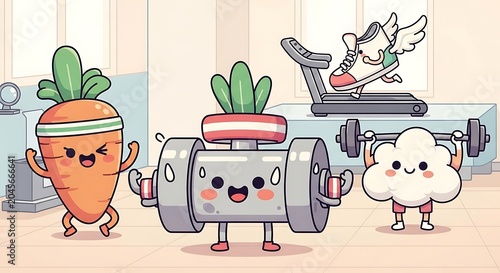 Cartoon vegetables and robot exercising together.