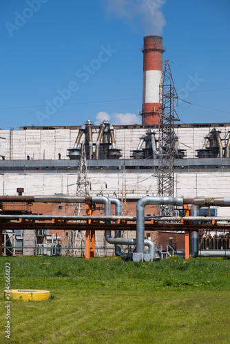 Thermal Power Station with Industrial Pipelines, Transmission Towers and Emission Stacks