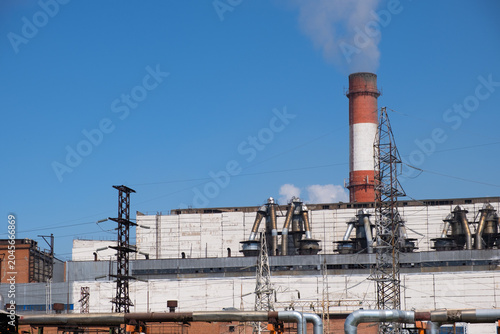 Thermal Power Station with Industrial Pipelines, Transmission Towers and Emission Stacks
