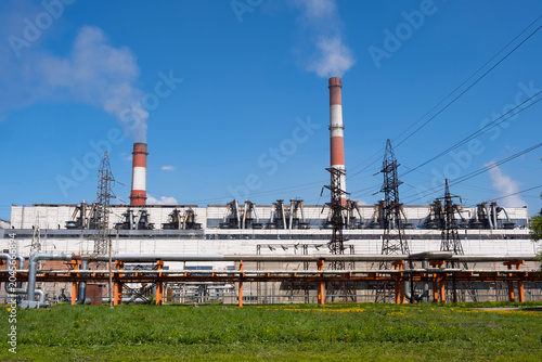 Thermal Power Station with Industrial Pipelines, Transmission Towers and Emission Stacks