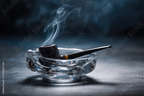 Clear glass ashtray with smoking pipe on a black background, moody studio lighting