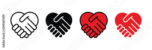 Support and Care icon set featuring Helping Hands, Heart symbols and Handshake illustrations for Charity, Partnership and Volunteer projects.