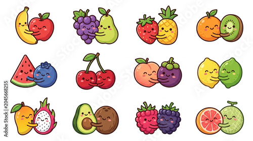 Fotografie Cute cartoon fruits hugging each other in pairs.