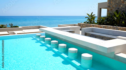 Luxury swimming pool with swim up bar overlooking the sea