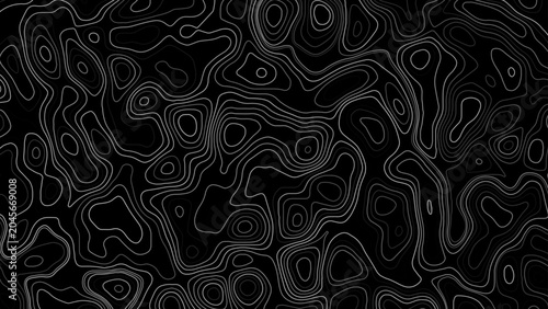 Abstract Vector Topographic Map Texture with White Contour Lines on Black Background. 