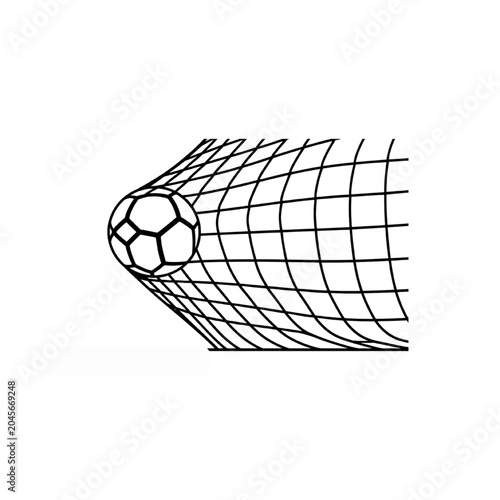 Vector line art illustration of Soccer ball hitting goal net.