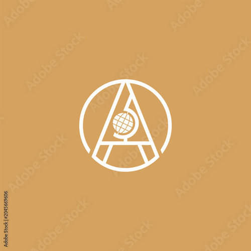 white triangle logo A with globe on orange background