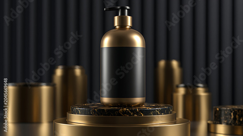 Luxury Gold Bottle with Black Label on Pedestal, Studio Product Shot