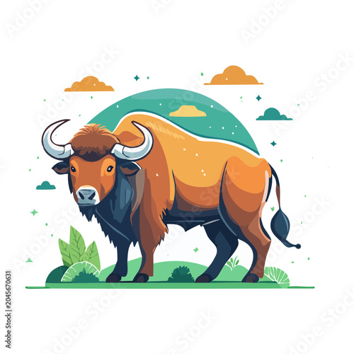 Flat design illustration of a bison in a natural setting