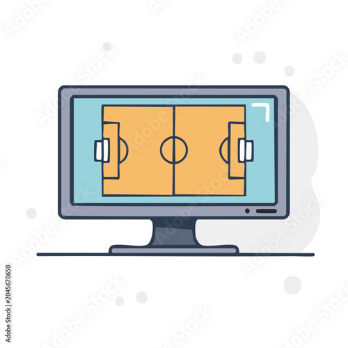 Flat design illustration of a soccer field on a computer monitor
