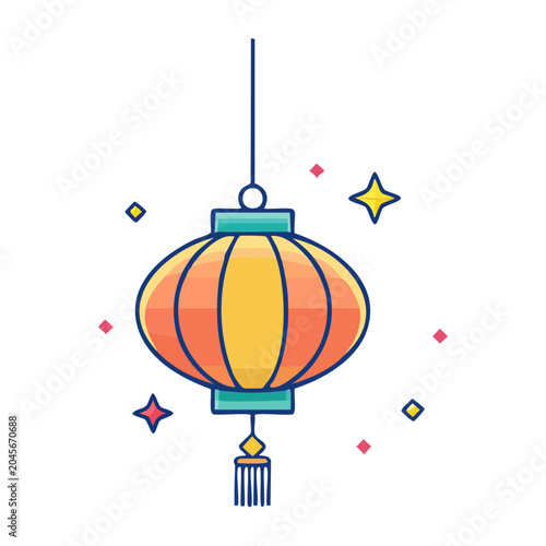 Flat design of a hanging Chinese lantern with stars