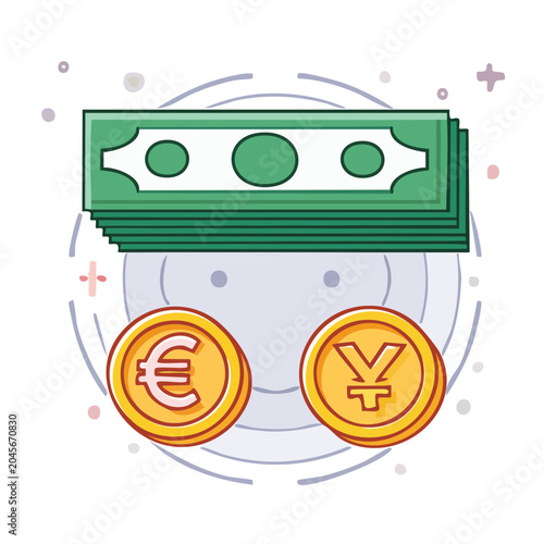 Money and coins with euro and yen symbols