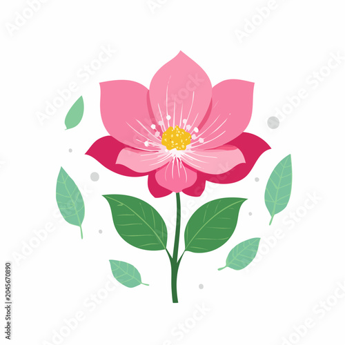 Pink Flower Illustration with Green Leaves