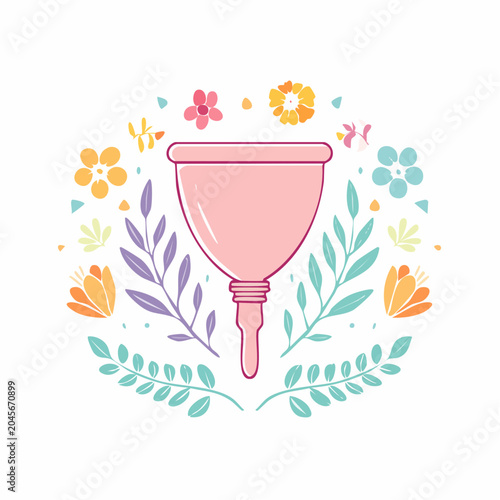 Pink Menstrual Cup Surrounded by Flowers and Leaves