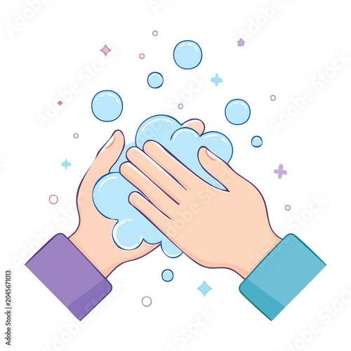 Washing hands with soap and bubbles, flat design illustration