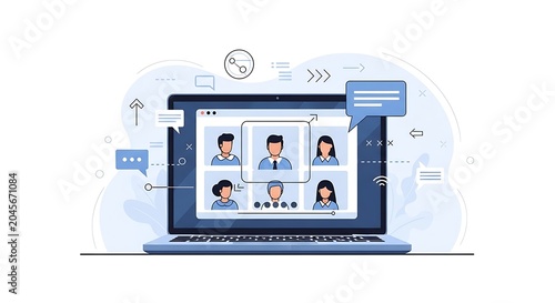 Remote team meeting on laptop screen.