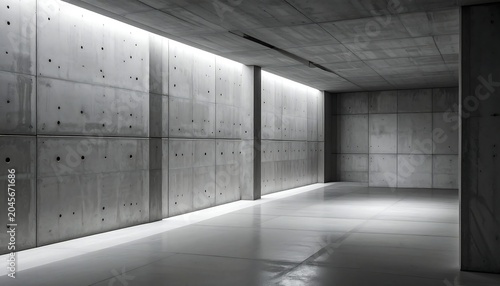 A stark, minimalist interior. Concrete walls and ceiling frame a polished floor. Soft, indirect light illuminates the space, creating shadows