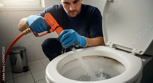 Professional plumber unclogging toilet with hydro jetting in modern bathroom