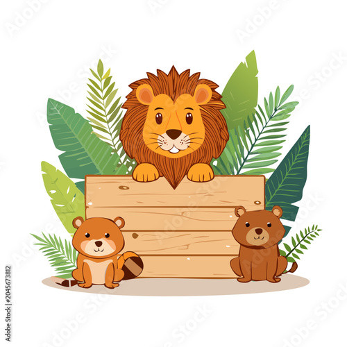 Cute cartoon animals with wooden sign and tropical leaves