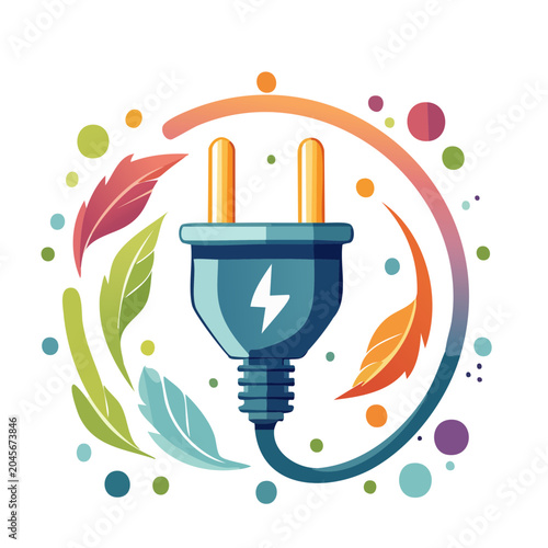 Eco-friendly electric plug with leaves and lightning bolt