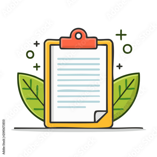 Flat design clipboard with document and leaves