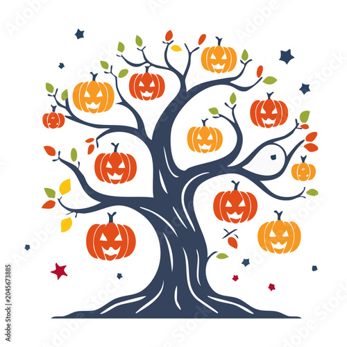 Flat design Halloween tree with pumpkins and autumn leaves