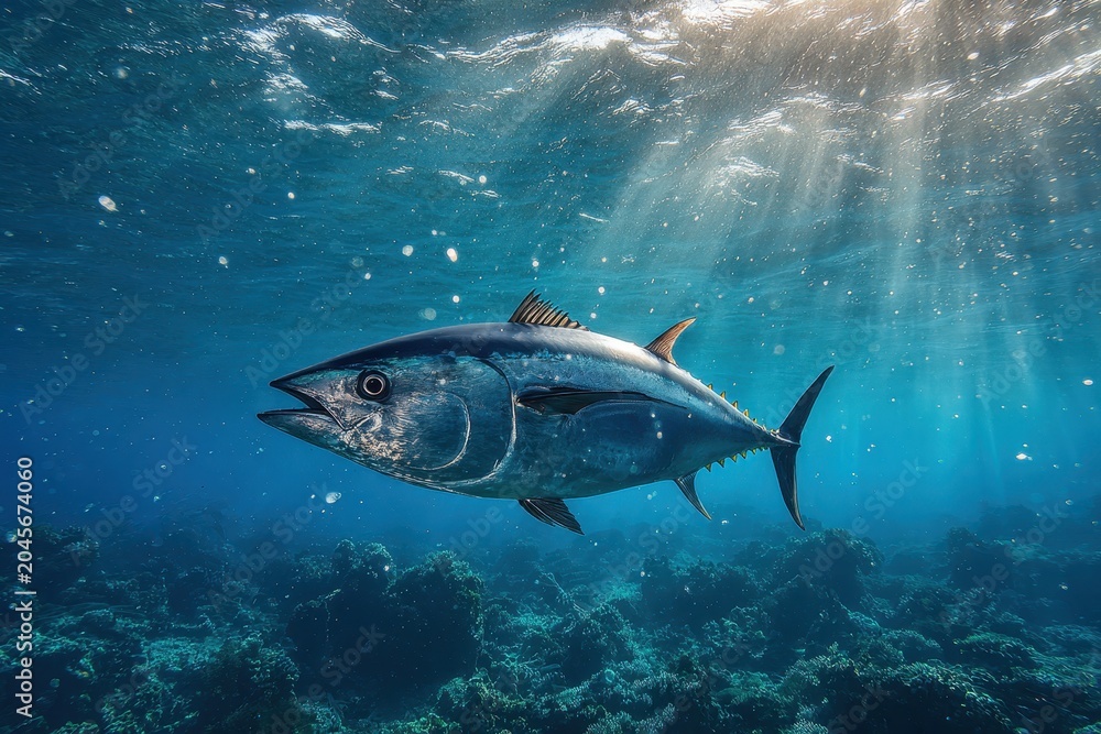 Fototapeta premium Dynamic underwater portrait of a powerful bluefin tuna