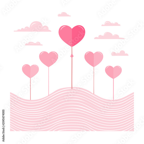 Pink heart balloons and clouds in flat design style