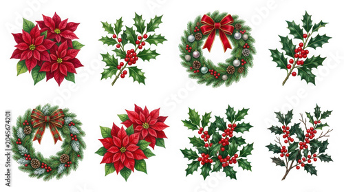 Collection of christmas wreaths and holiday pine branches isolated on transparent background