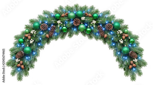 Archway christmas garland with pine needles and green ornaments isolated on transparent background