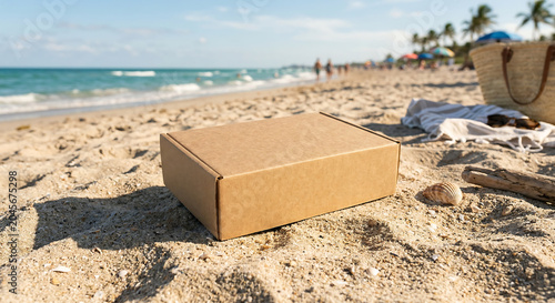 A cardboard box lies on the sandy beach by the ocean.