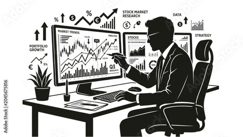 Konstfotografi Stock Market Research Concept – Black Silhouette Vector of Investor Analyzing Fi