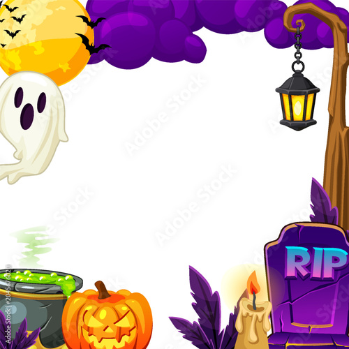 Halloween Cartoon Border Frame with Moon Ghost Pumpkin and Graveyard Elements