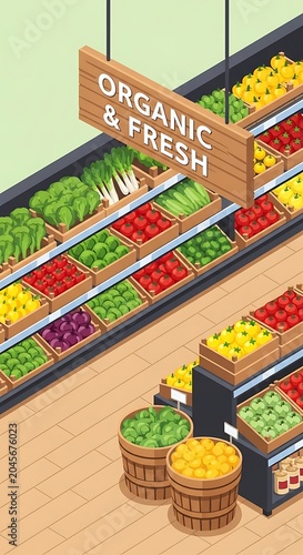 Organic fresh produce grocery store shelf.