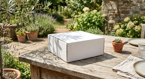 A white box sits on a wooden table in a garden surrounded by potted plants and flowers.