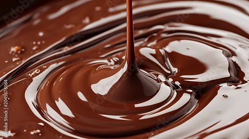 Close up of smooth melted dark chocolate pouring into a bowl.