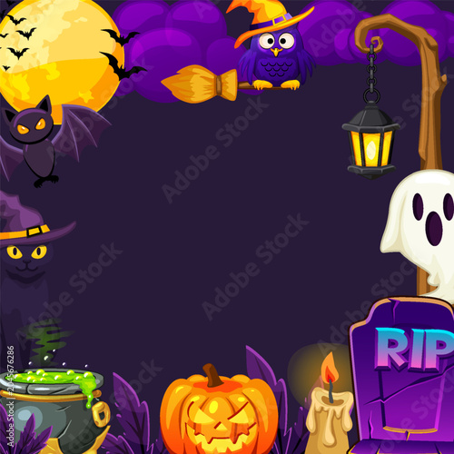 Halloween Night Cartoon Background Frame with Owl Bat Ghost and Pumpkin