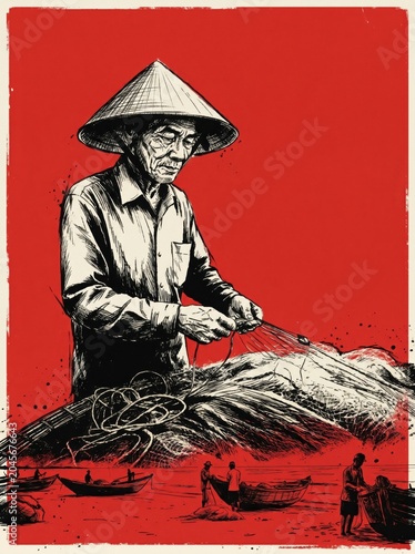 Stylized red and black and white illustration features an aged Vietnamese fisherman wearing a non la hat, carefully repairing nets while boats sit on the shore below.

