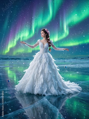 A stunning woman in a white feathered gown stands on a frozen lake beneath the vibrant green and purple aurora borealis under a starry night.

