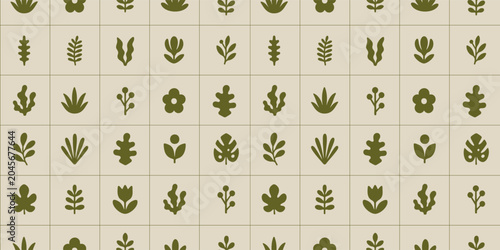 Soft Pastel Botanical Seamless Pattern Light Beige Background Green Plant Leaves Flowers Organic Minimal Nature Inspired Design Textile Surface
