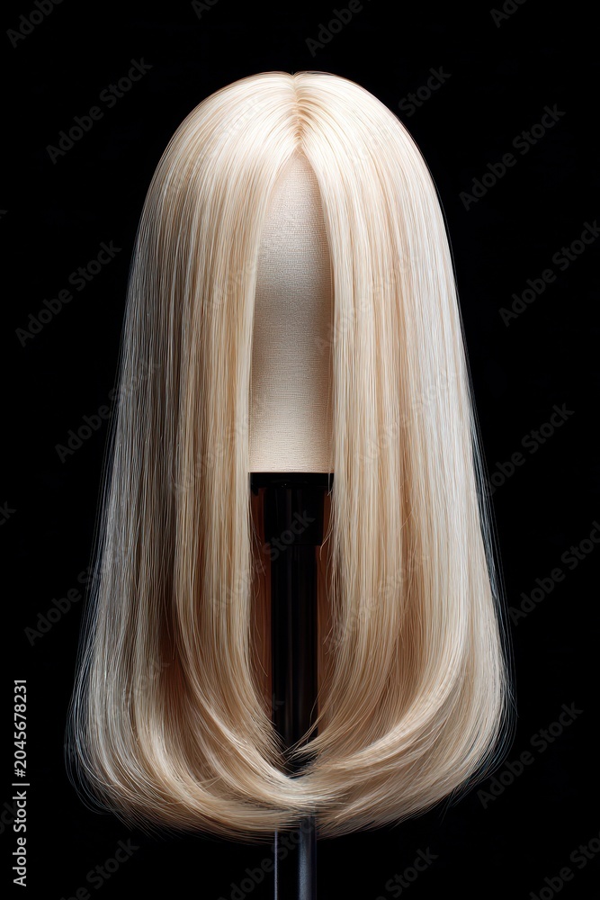 Naklejka premium Elegant blonde wig displayed on a matte black backdrop with soft lighting