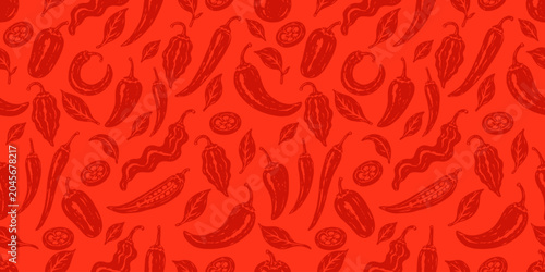 Konstfotografi Monochrome chili pepper seamless pattern featuring assorted pepper silhouettes and botanical leaves, ideal for textiles, packaging, wrapping paper, kitchen decor, and food themed designs