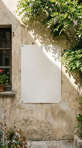 A sunny outdoor scene of a rustic stone wall with a window, plants, and a blank white sign in a natural landscape setting.
