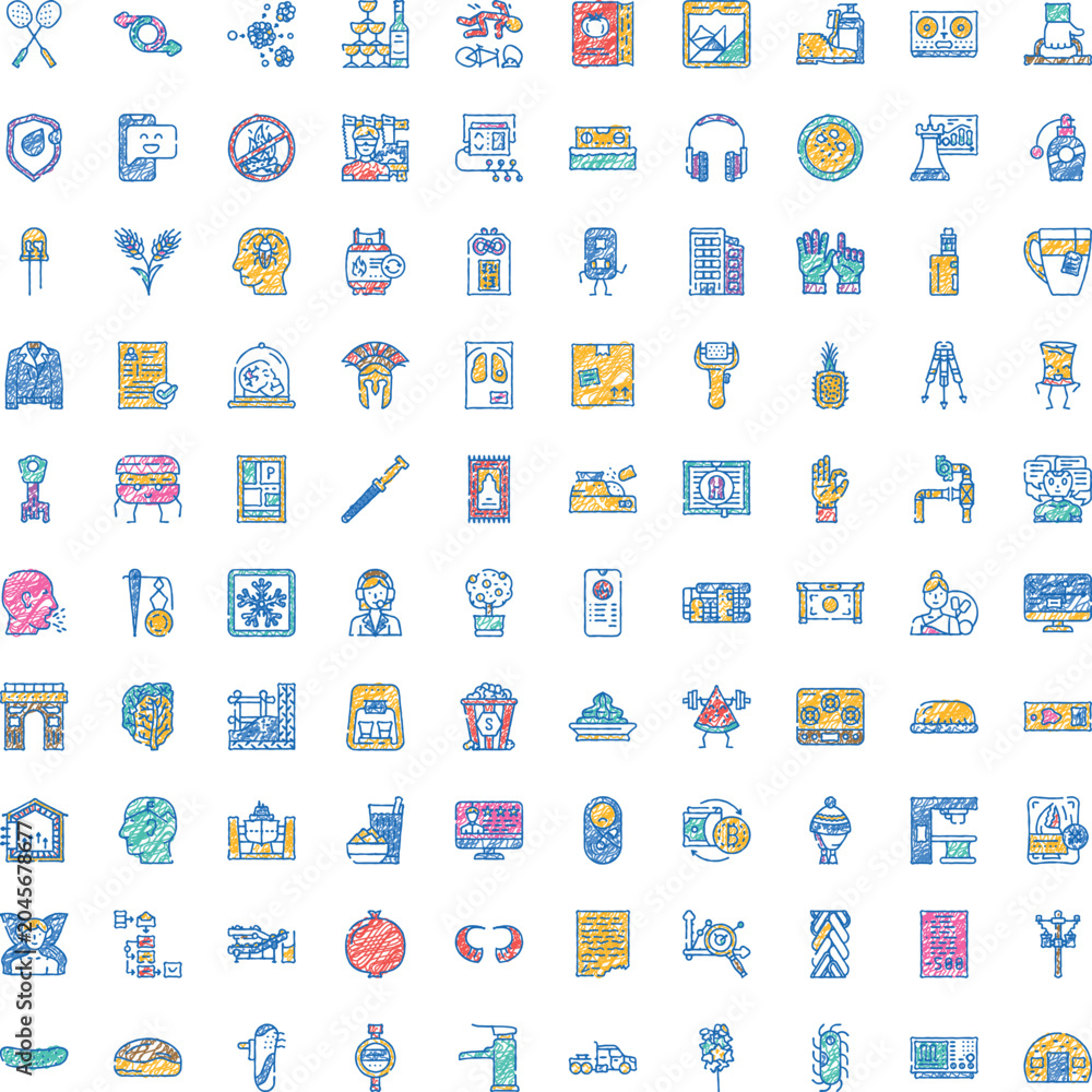 Fototapeta premium Collection of colorful doodle style icons depicting everyday objects, activities and concepts for web, app and ui projectsplayful hand drawn vector set for versatile design use