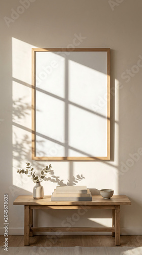 A serene interior scene with a wooden table and vase under a large window casting shadows on a sunny day indoors.