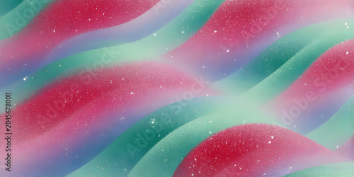 Abstract illustration featuring flowing waves in shades of red and green with a soft gradient and sparkles, creating a dynamic and colorful background design