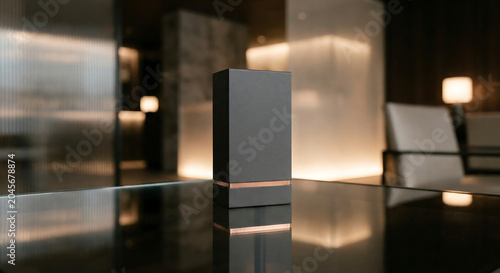 A sleek black rectangular object sits on a reflective surface in a modern room.